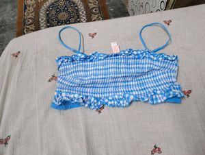 Blue Gingham Smocked Crop Top