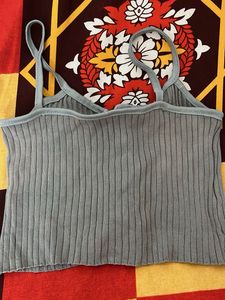 Grey Lace-Up Ribbed Crop Top