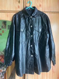 Black Faux Leather Overshirt Jacket