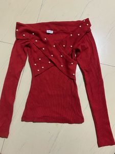 🌹 Red Pearl Off-Shoulder Ribbed Knit Top