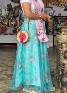 sky blue Floral Skirt with Tshirt