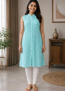 Turquoise Printed Sleeveless Kurti