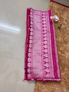 Assam Saree Vibrant Pink with White Mot