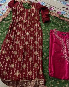 Red green banarsi suit with combo kurta phulkari