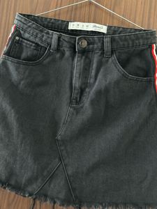 Black Denim Mini Skirt with Stripe Detail