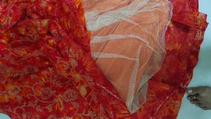 Golden Blouse With Red&amp;Mixed Orange Printed Lehnga