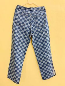 Blue checked straight fit jeans