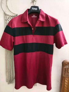 Men's Maroon & Black Striped Polo T-Shirt
