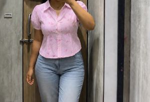 Pink Bow Print Button-Up Shirt
