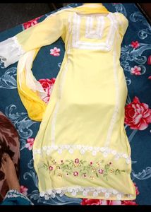 Lemon Yellow Embroidered Kurti Set
