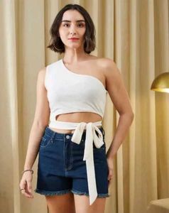 Shein One Shoulder Tie-Up Detail Textured Crop Top