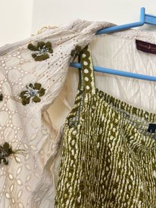 Ethnic White &amp; Olive dress with detachable jacket