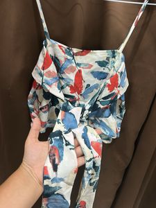 Boho Floral Print Ruffle Crop Top with bow at back