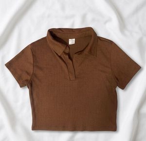 Brown Ribbed Cropped Polo Top