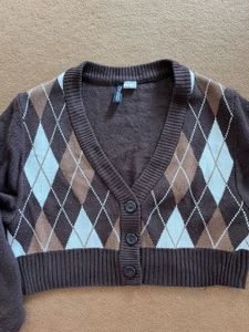 Brown Argyle V-Neck Cardigan