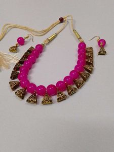 Pink Beaded Necklace &amp; Earring Set