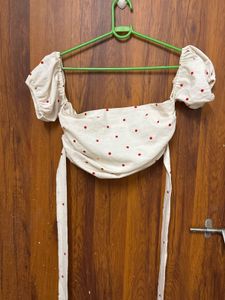 Cream Red Polka Dot Off-Shoulder Crop Top