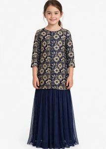 Girls Navy Embroidered Tulle Gown