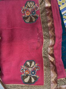 Teal &amp; Pink Embellished Saree