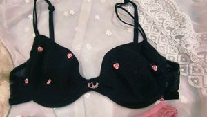 Cute Black Bra with Pink embroidery &amp;thong set
