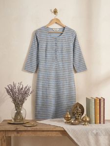 Chic Geometric Slate Blue Pure Cotton Straight Kur