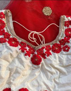 White &amp; Red Embroidered Lehenga Choli Set