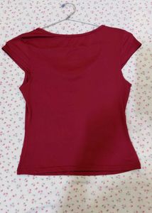 savana y2k Maroon V-Neck Top with Lace Trim