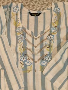 Cotton white and Blue striped kurta set