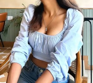 Blue Puff Sleeve Crop Top