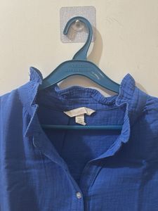 Blue Cap Sleeve Button-Up Top