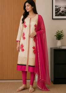 Elegant Cream Kurta with Pink Floral Embroidery
