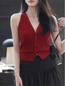 SAVANA Red Button-Up Halter Knit Top