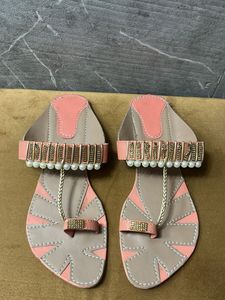 Embellished Coral &amp; Tan Flat Sandals