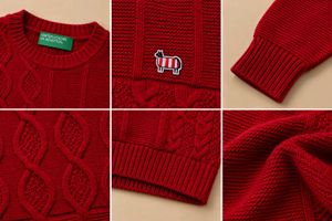 RED PATCHWORK CABLE KNIT SWEATER
