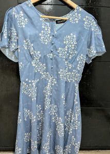 Blue Floral Print V-Neck Button-Up Dress