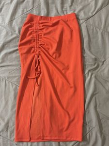 Orange Ruched Slit Midi Skirt
