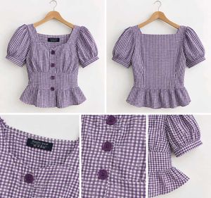 Purple Gingham Puff Sleeve Peplum Top