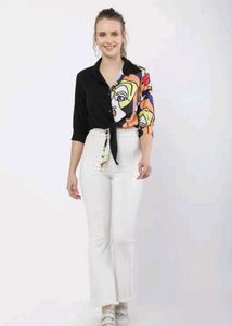 Color Block Graphic Print Tie-Front Shirt