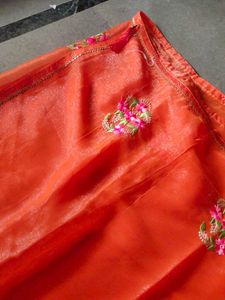 Vibrant Orange Embroidered Saree