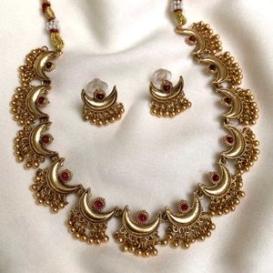 Antique Gold Plated Crescent Moon Necklace Set