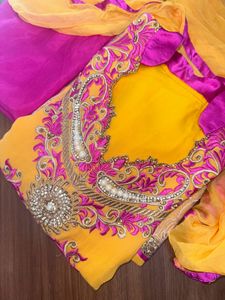 Elegant Yellow & Pink Embroidered Suit