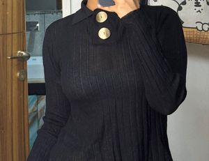 Black Ribbed Button-Up Top