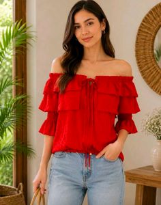 Red Off-Shoulder Ruffle Top