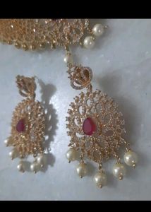 CZ Exquisite Pearl &amp; Ruby Necklace Set