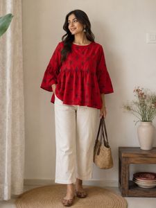 Red Printed Kurta Top/ Peplum top