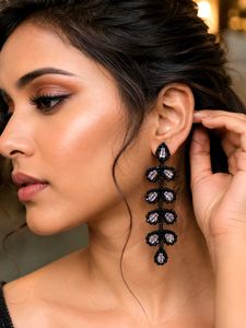 Beaded Leaf Dangle Black Earrings