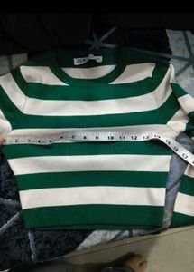 Green &amp; White Striped Cropped Sweater