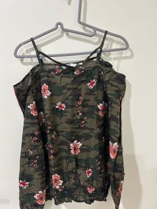 Camo Floral Cold-Shoulder Top