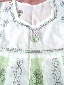White &amp; Green Embroidered Dress