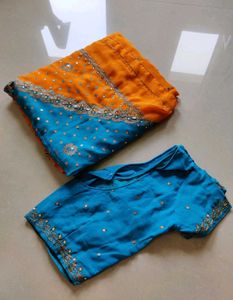 Designer Orange blue heavy work saree